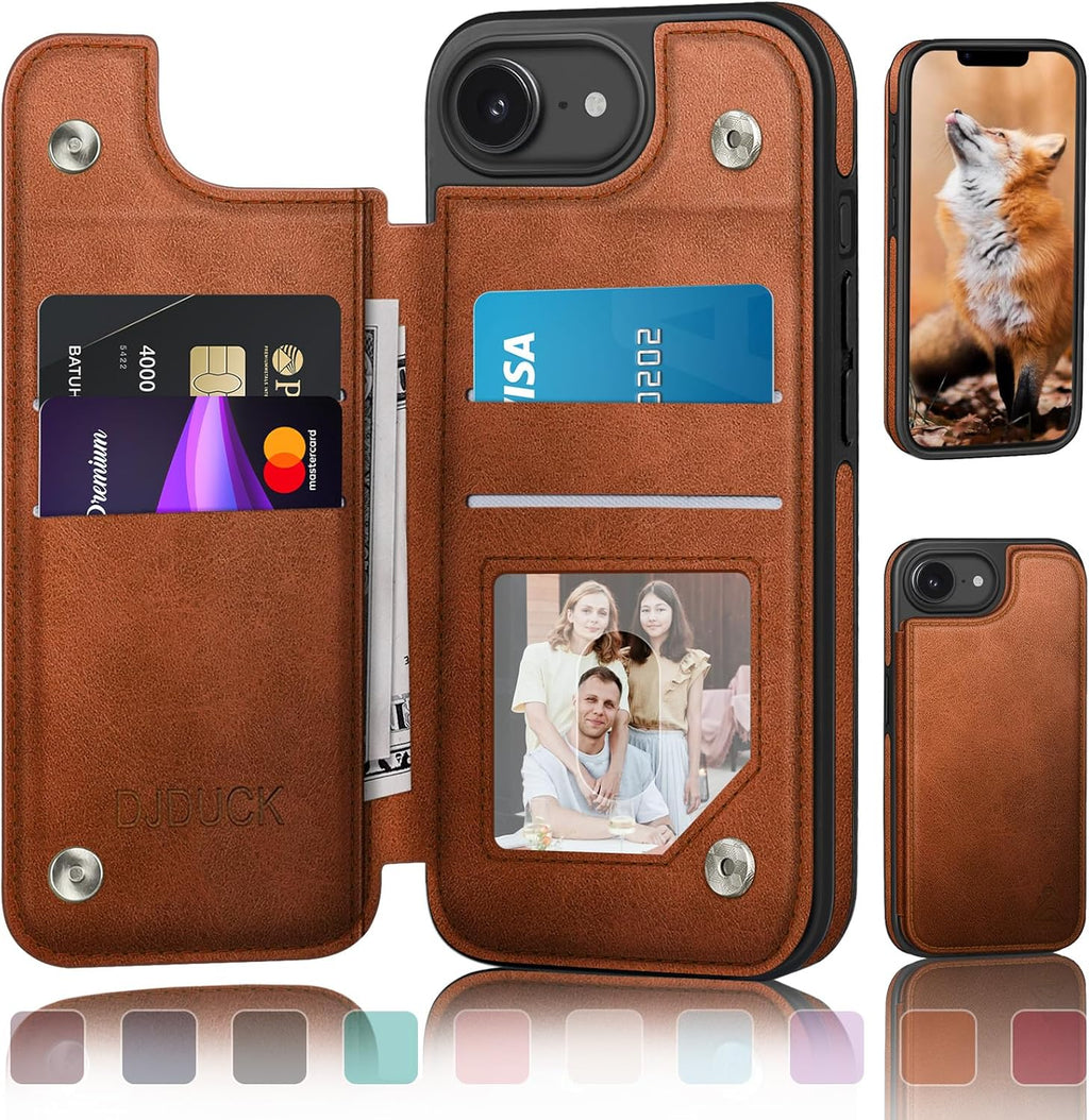 Funda Cartera DJDUCK para iPhone 16e / iPhone 17e 6.1 Pulgadas | Con Portatarjetas | Cierre Magnético | Bloqueo RFID | Cuero | A Prueba de Golpes | Para Hombre y Mujer | Marrón Claro