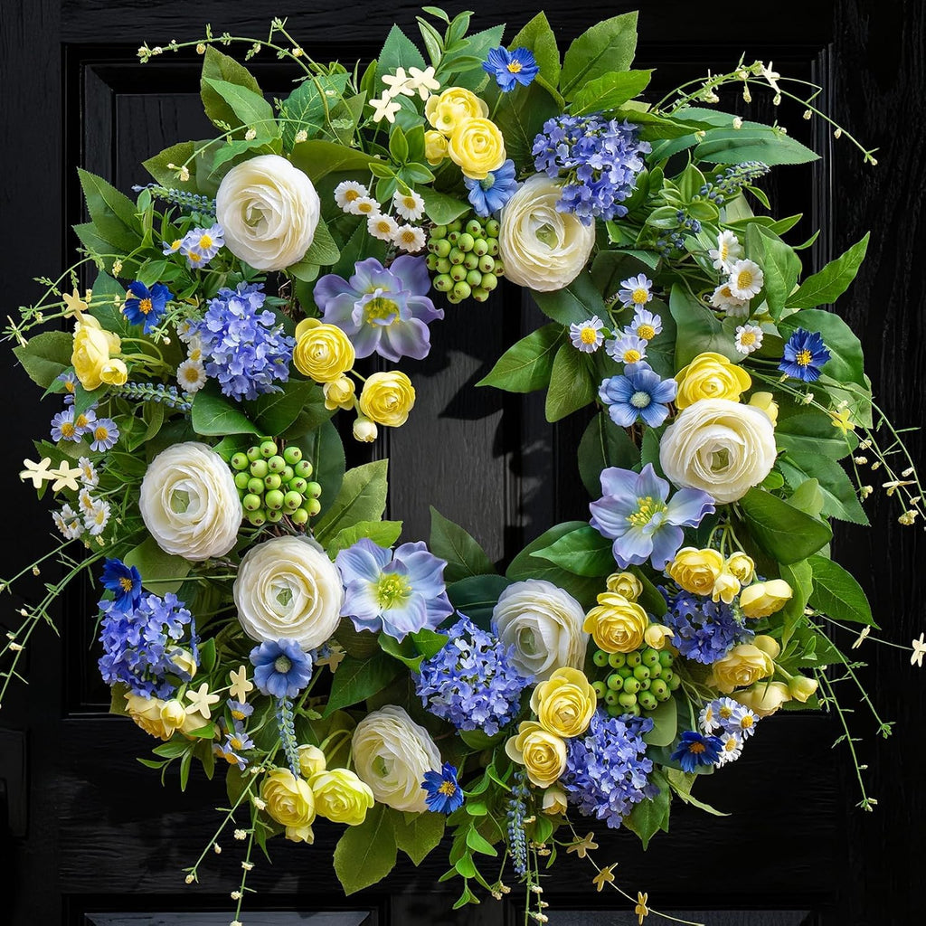 Corona de primavera de 60 cm para puerta principal, con hortensias, anémonas y margaritas silvestres artificiales con detalles de bayas. Corona de primavera y verano para decoración de interiores y exteriores.