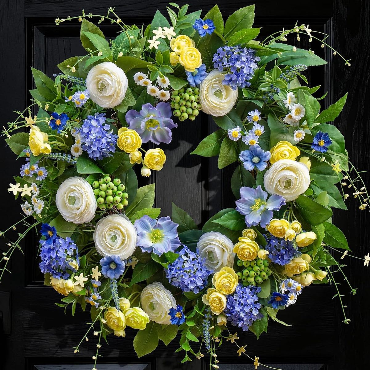 Corona de primavera de 60 cm para puerta principal, con hortensias, anémonas y margaritas silvestres artificiales con detalles de bayas. Corona de primavera y verano para decoración de interiores y exteriores.