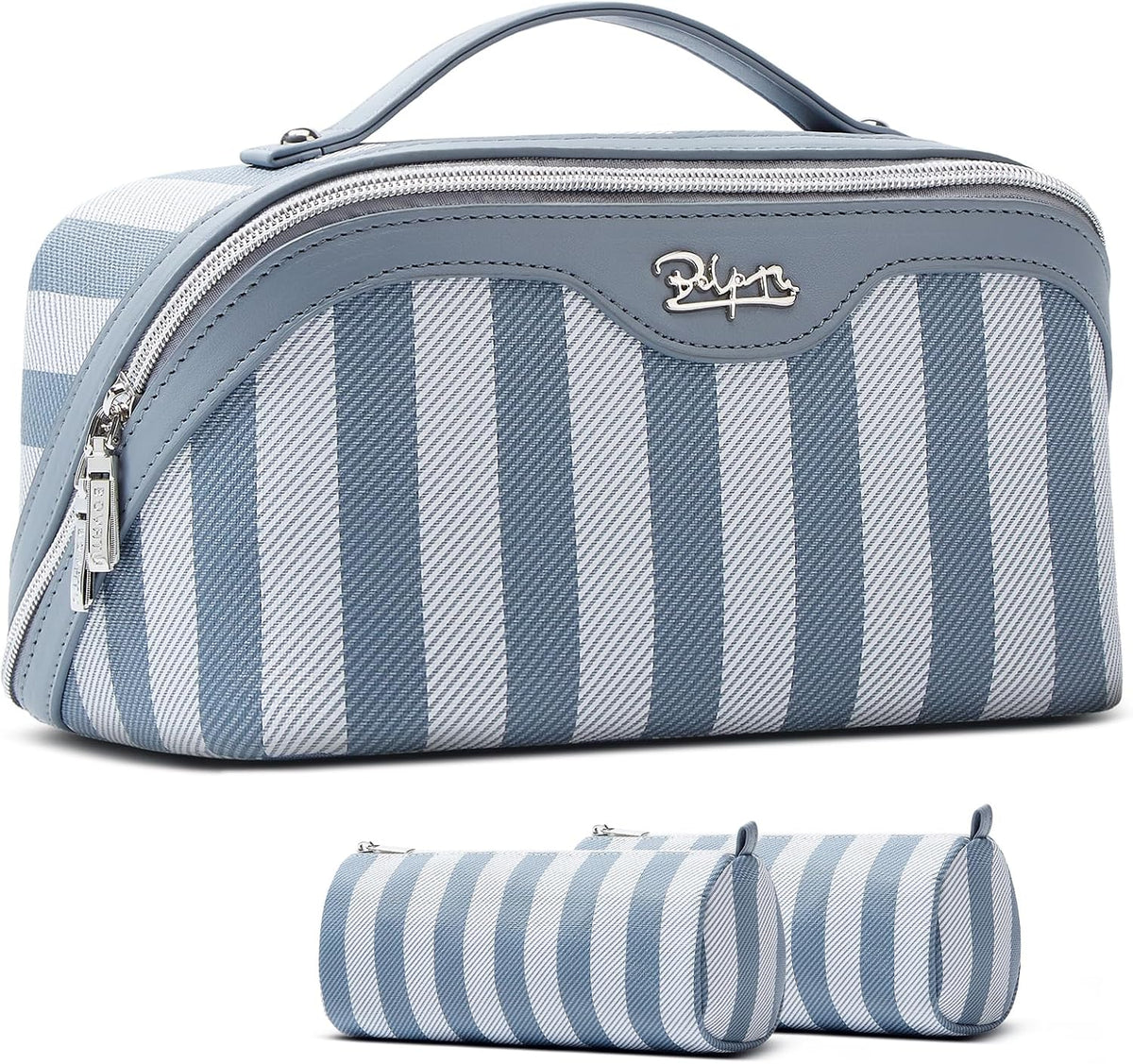 Neceser de viaje BOYATU para mujer: Set de 3 neceseres a rayas con compartimentos - Bolsas de aseo impermeables de piel vegana con asa - Organizador de maquillaje para artículos esenciales de viaje (A-1-Azul)