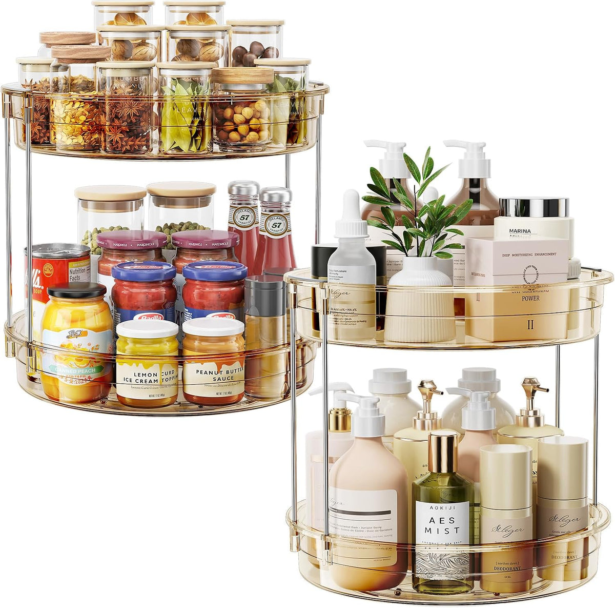 LAMU Paquete de 2 organizadores giratorios Lazy Susan de 2 niveles, organizador de estante giratorio de especias de 12 pulgadas para gabinete, cocina, despensa, encimera, baño, tocador