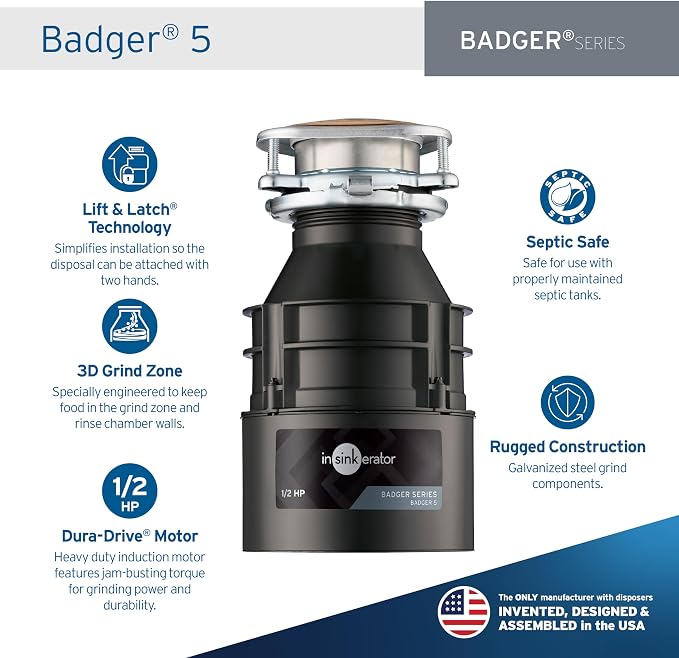 InSinkErator Badger 5 - Triturador de basura, serie estándar de 1/2 HP, triturador de residuos de alimentos de alimentación continua, negro