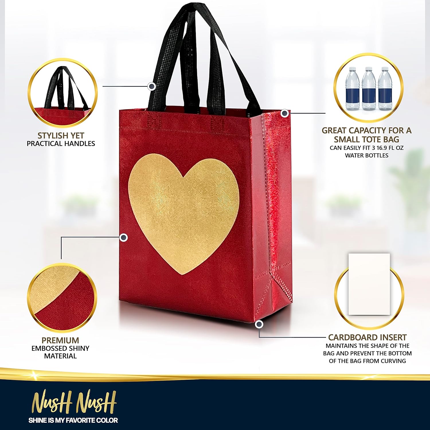 Nush Nush Bolsas de regalo de corazón dorado en color rojo, tamaño mediano, juego de 12 bolsas de regalo reutilizables con asas, bolsa de regalo ideal para aniversario, compromiso, boda, cumpleaños