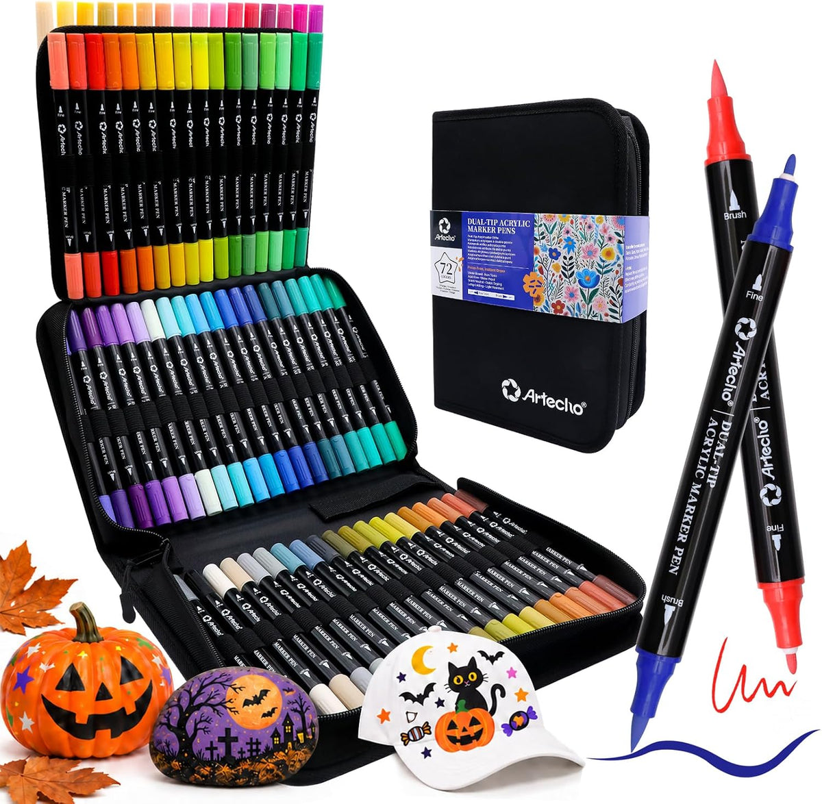 Rotuladores de pintura acrílica Artecho, 72 colores con estuche. Rotuladores de pintura acrílica con punta de pincel y punta fina para pintar piedras, papel, calabazas, madera, huevos, lienzos, cerámica, tela, cuero y vidrio.