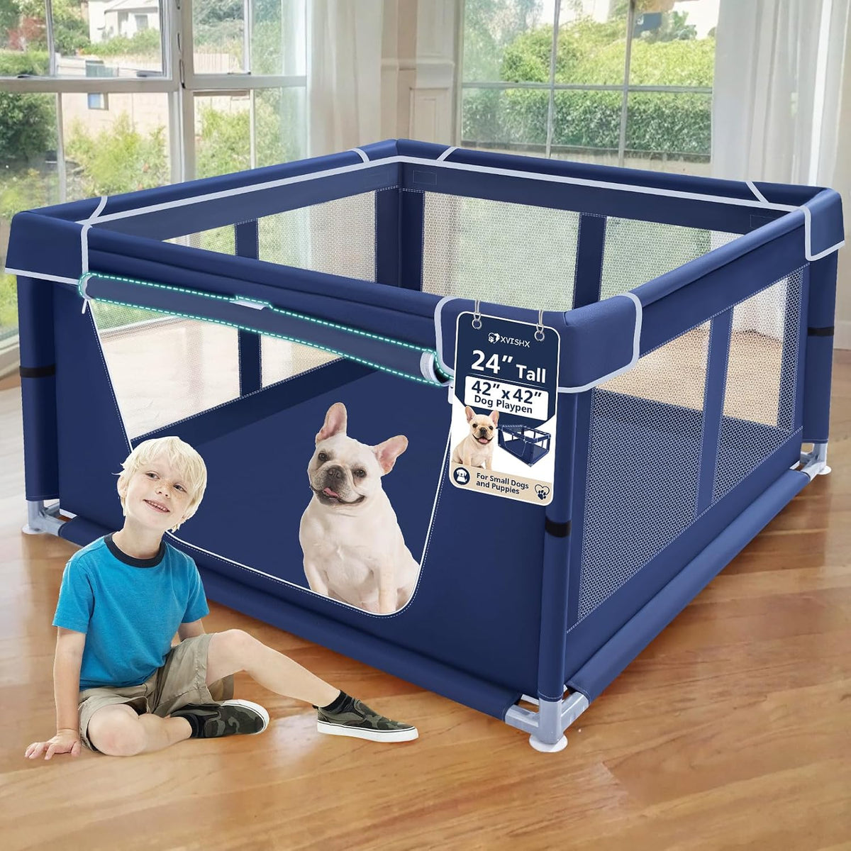 Parque para cachorros XVISHX de 42x42 pulgadas con puerta, parque para perros para cachorros o perros pequeños, parque para mascotas DogFence para interiores y exteriores, parque para perros resistente y seguro con tela engrosada