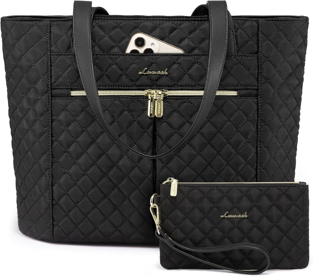 LOVEVOOK Laptop Bag for Women 17 inch,Diamond Quilted Work Tote Bags Womens Laptop Tote Bag Computer Shoulder Bags,Stylish Travel Tote Bags Laptop Purse Case Briefcase Handbag with Clutch Purse,Black