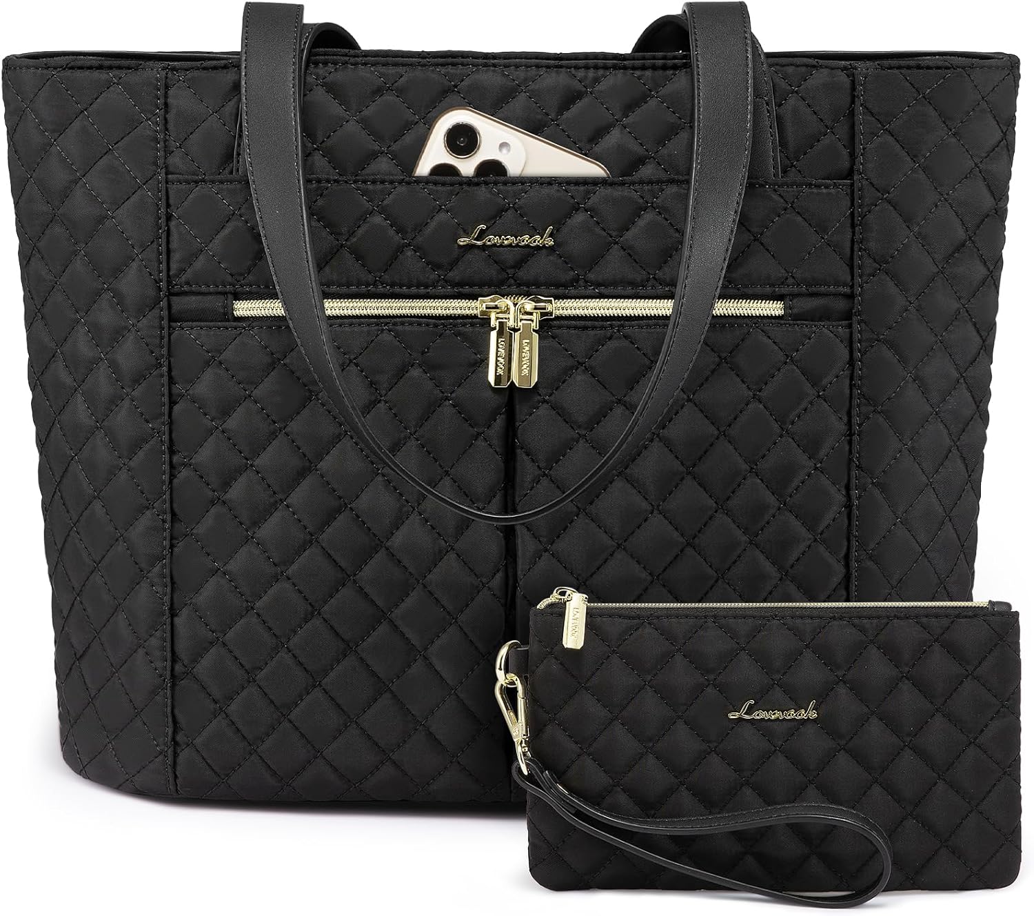 LOVEVOOK Laptop Bag for Women 17 inch,Diamond Quilted Work Tote Bags Womens Laptop Tote Bag Computer Shoulder Bags,Stylish Travel Tote Bags Laptop Purse Case Briefcase Handbag with Clutch Purse,Black