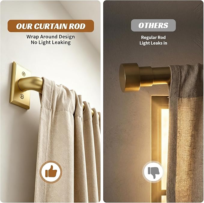 Barra de cortina dorada, cortinero para oscurecer la habitación para ventanas de 28 a 48 pulgadas (2.3 a 4 pies), barras de cortina envolventes, cortinas opacas resistentes, barra decorativa