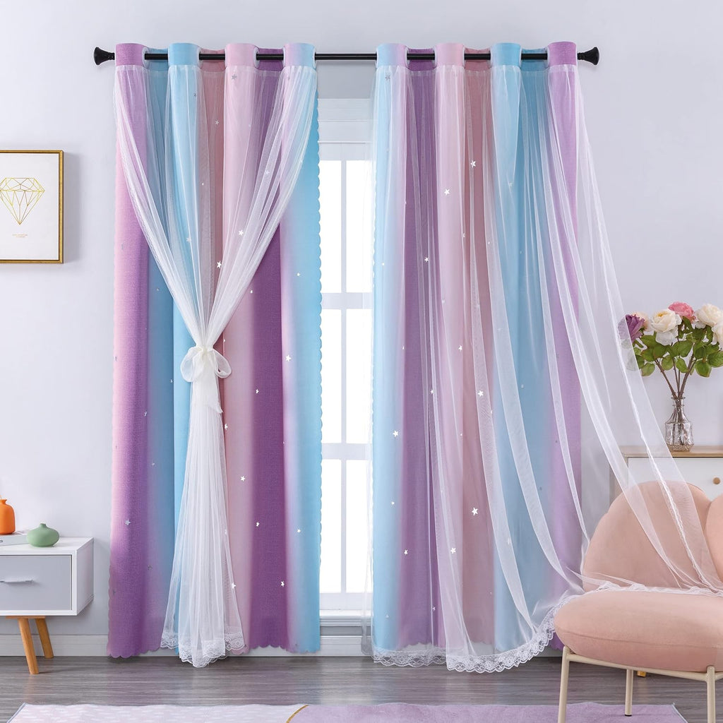 XiDi Cortinas Blackout Infantiles 63 pulgadas | Diseño Arcoíris Ombré Rosa/Morado | 2 Paneles Tema Unicornio Princesa
