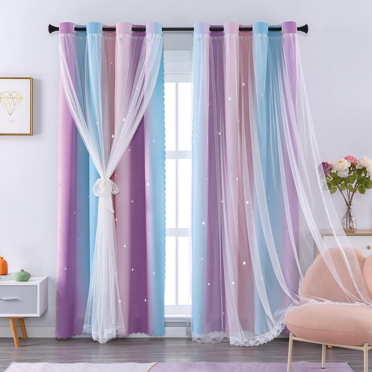 Cortinas opacas XiDi para la decoración del dormitorio de niñas, cortinas de ventana de 63 pulgadas de largo, diseño colorido de arcoíris, juego de 2 paneles, 34 x 63 pulgadas