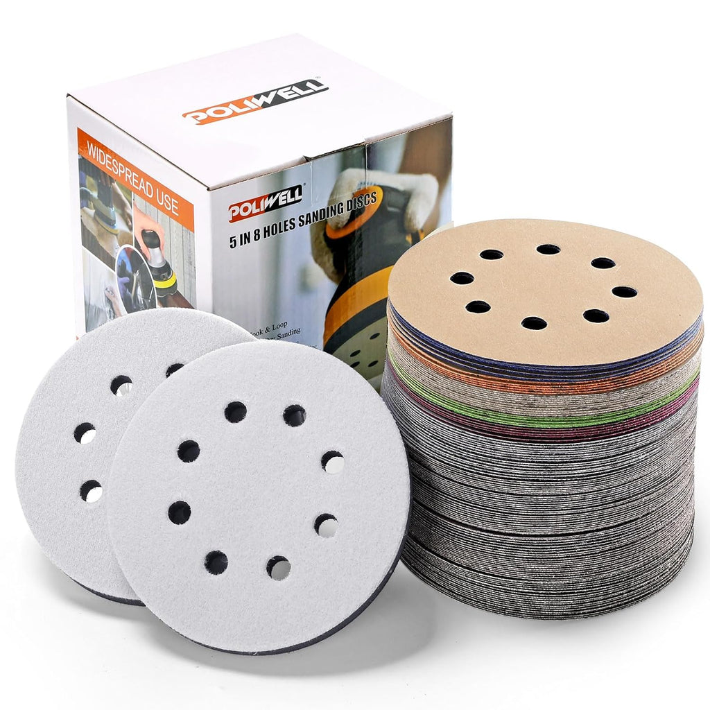 Discos de lijado POLIWELL de 5 pulgadas con cierre de velcro, 8 orificios, papel de lija de carburo de silicio de alta resistencia, granos 320, 400, 600, 800, 1000, 1500, 2000, 3000, 4000, 5000, 7000 y 10000, con almohadilla de interfaz para lijadora