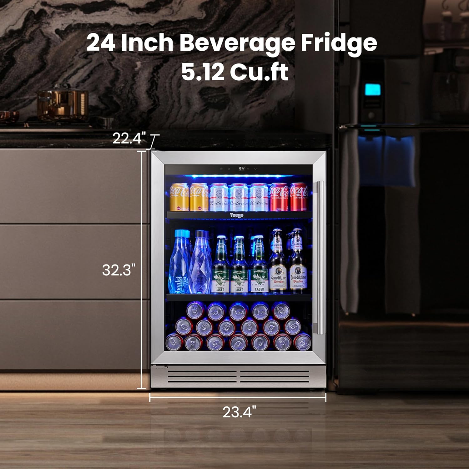 Refrigerador de bebidas Yeego - Mini refrigerador de 24 pulgadas con capacidad para 180 latas y puerta de cristal