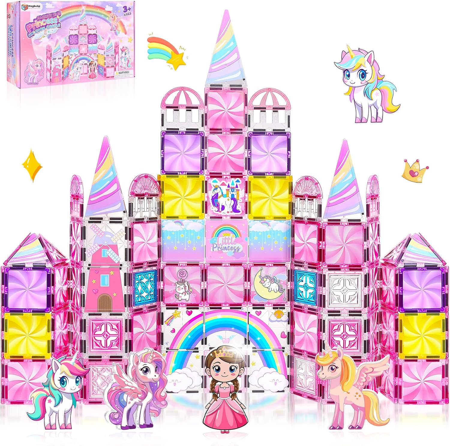 Diamond Magnetic Tiles Unicorn Princess Castle Set - 88 Pieces - 5 Dolls, Coloring Kit & Candy Decors - STEM Toy - 5 Ways to Play - For Girls Ages 3-8 - Birthday Gift