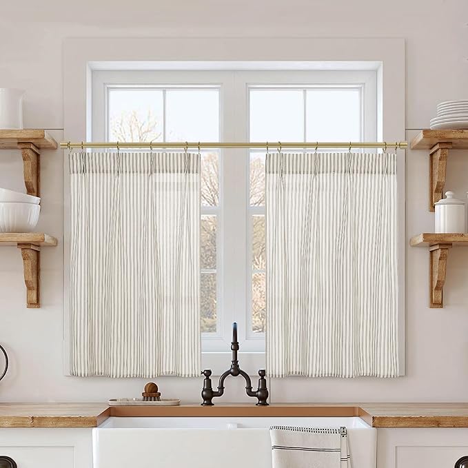 Cortinas Pequeñas Lino Rosa – Diseño Taupe con Rayas, Pliegues Pellizco con Ganchos, 50 cm de Largo, Para Ventanas de Baño y Cocina