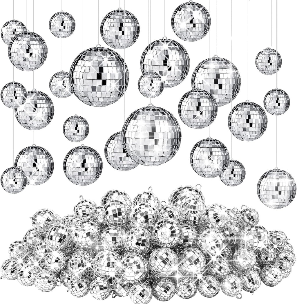 Kit de Decoración Disco Party Sumind – 8 Piezas con Mini Bolas de Espejos, Guirnaldas, Banner Colgante y Cortinas Plateadas para Fiestas (2.5 cm)