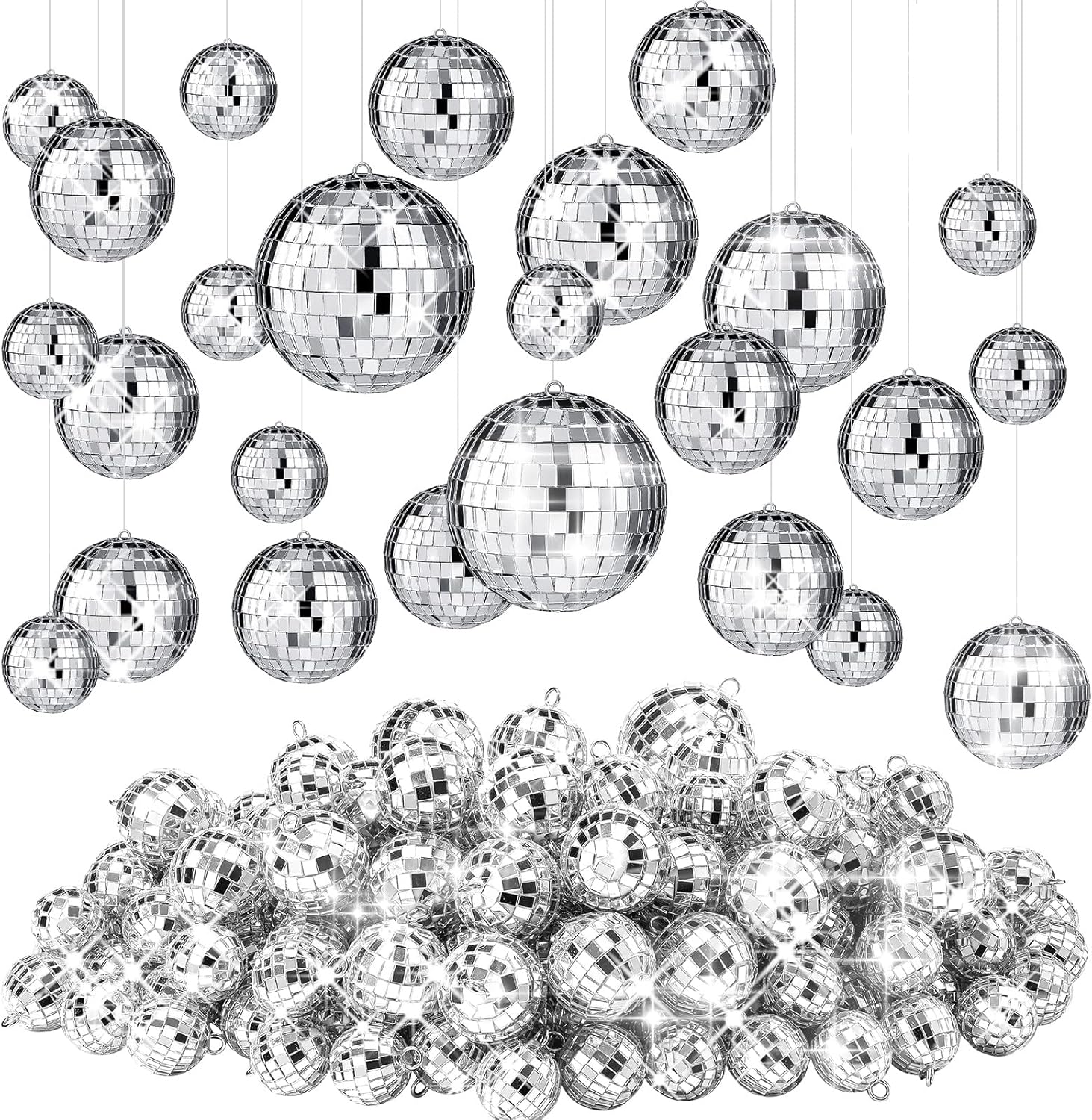 Kit de Decoración Disco Party Sumind – 8 Piezas con Mini Bolas de Espejos, Guirnaldas, Banner Colgante y Cortinas Plateadas para Fiestas (2.5 cm)