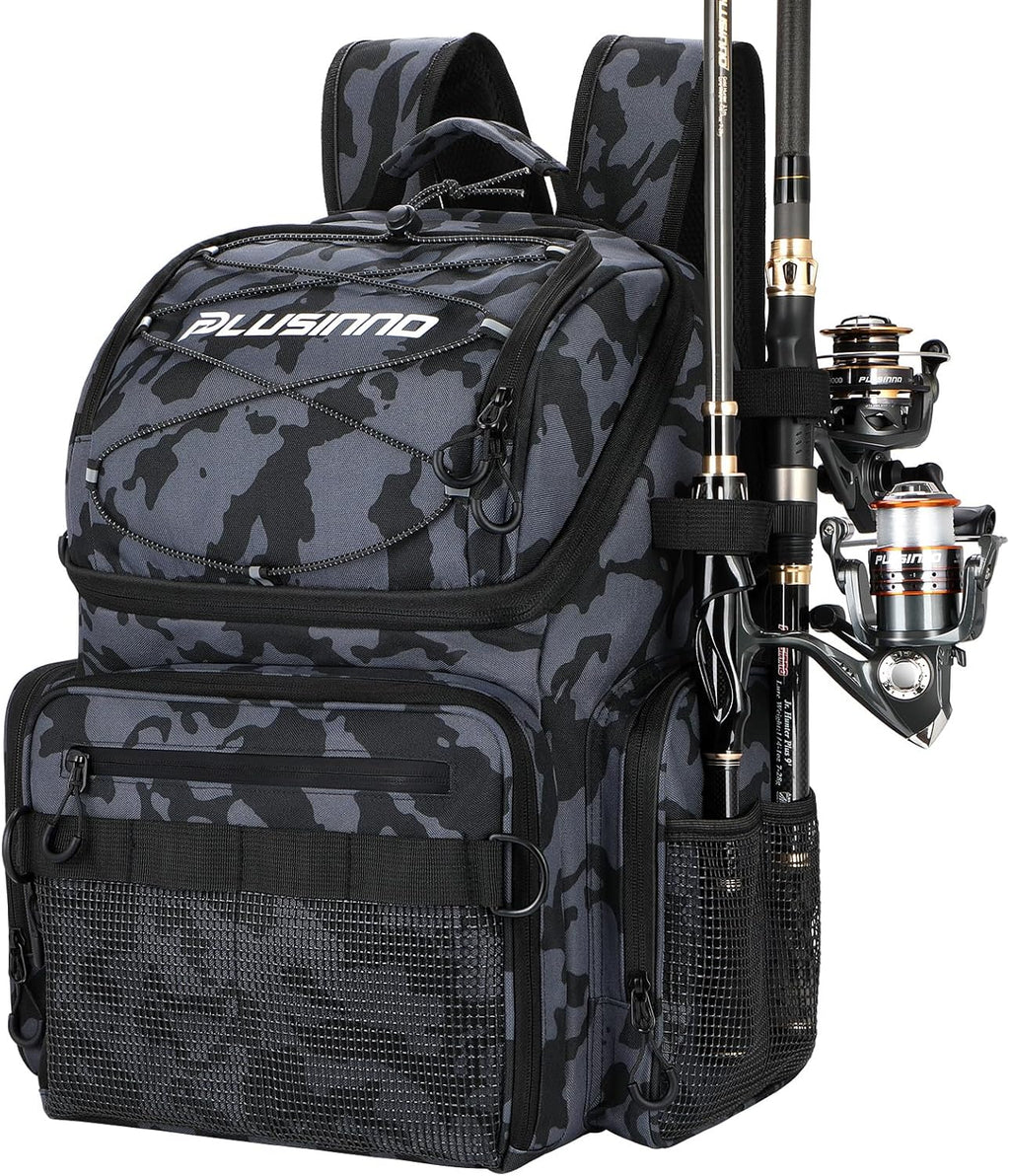 PLUSINNO Fishing Backpack with Rod Holders & Cooler, 45L Large Water-resistant Fishing Tackle Bag,Fishing Tackle Backpack Store Fishing Gear For Camping,Fishing Gifts for Men Sport Bags Black Camo
