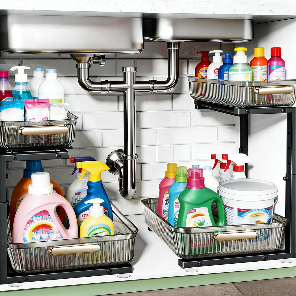 Organizador para debajo del fregadero ARSTPEOE - Paquete de 2 organizadores de almacenamiento extraíbles multiusos, estante organizador de armario deslizante y extraíble, almacenamiento para cocina y baño, transparente