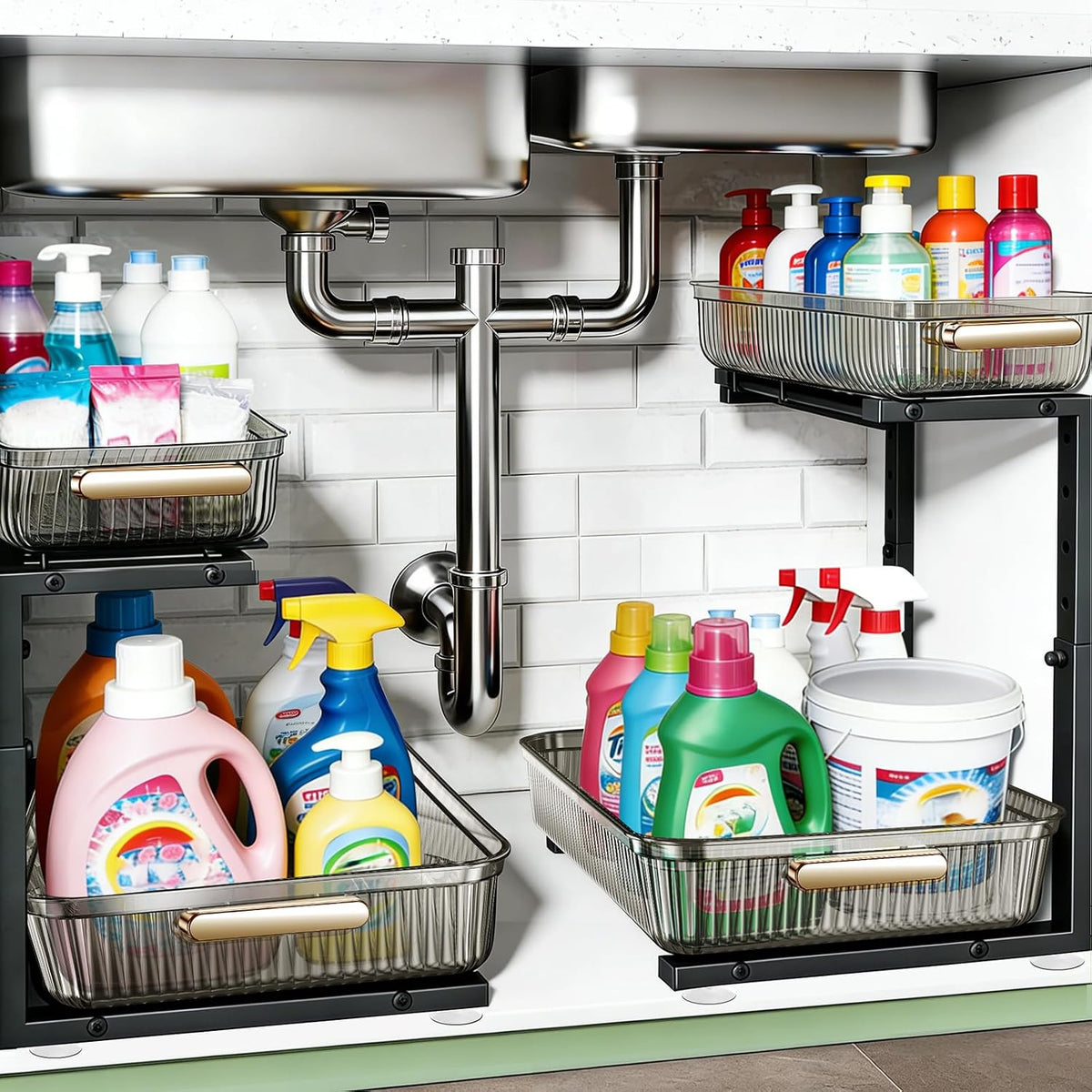 Organizador para debajo del fregadero ARSTPEOE - Paquete de 2 organizadores de almacenamiento extraíbles multiusos, estante organizador de armario deslizante y extraíble, almacenamiento para cocina y baño, transparente