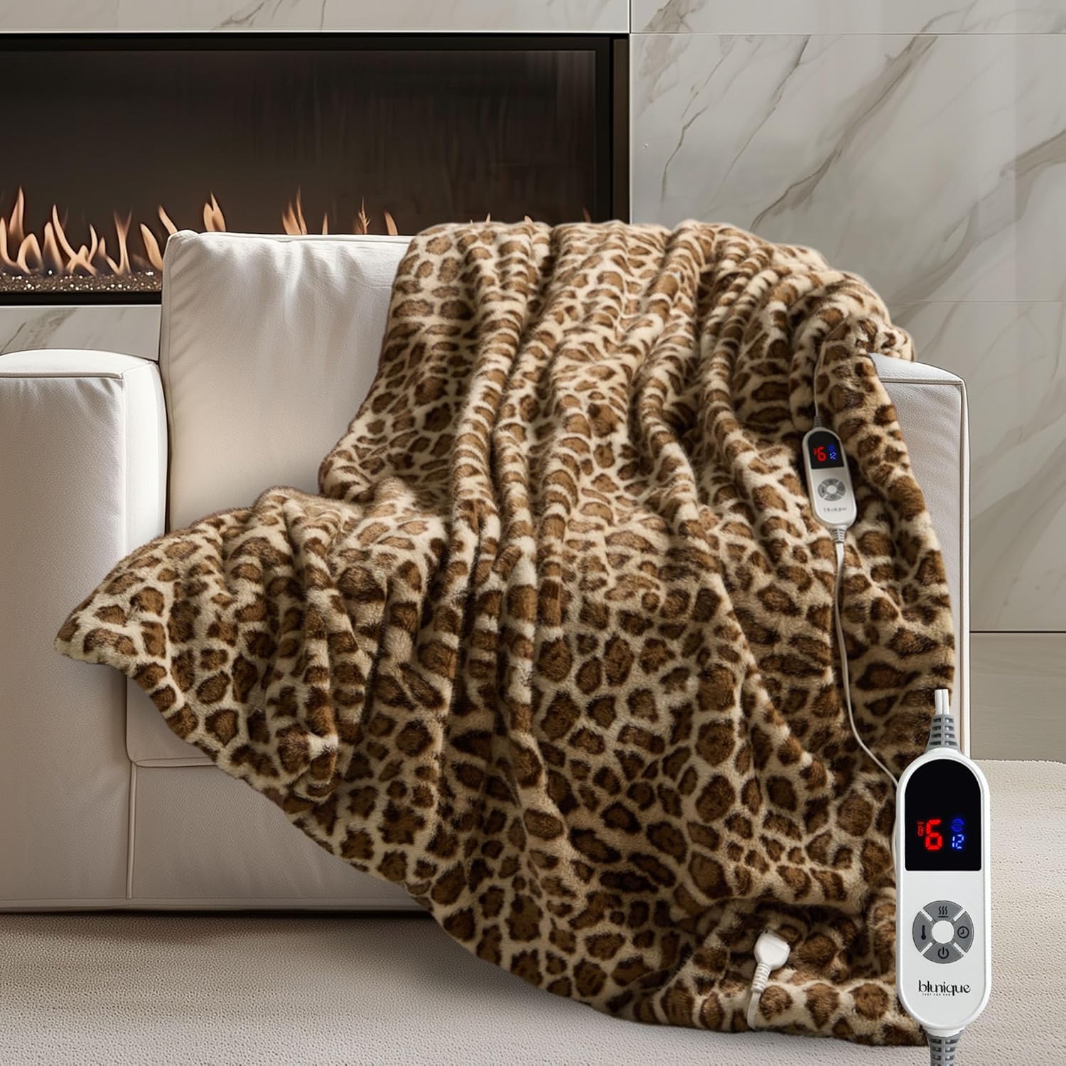 blunique Luxury Faux Fur Heated Blanket Electric Throw - Leopard Print Ultra Soft Thick Warm Heated Blanket, 6 Heating Levels & 12 Hours Auto-Off, ETL Certified, Washable, Luxurious Gifts, 50''x60''