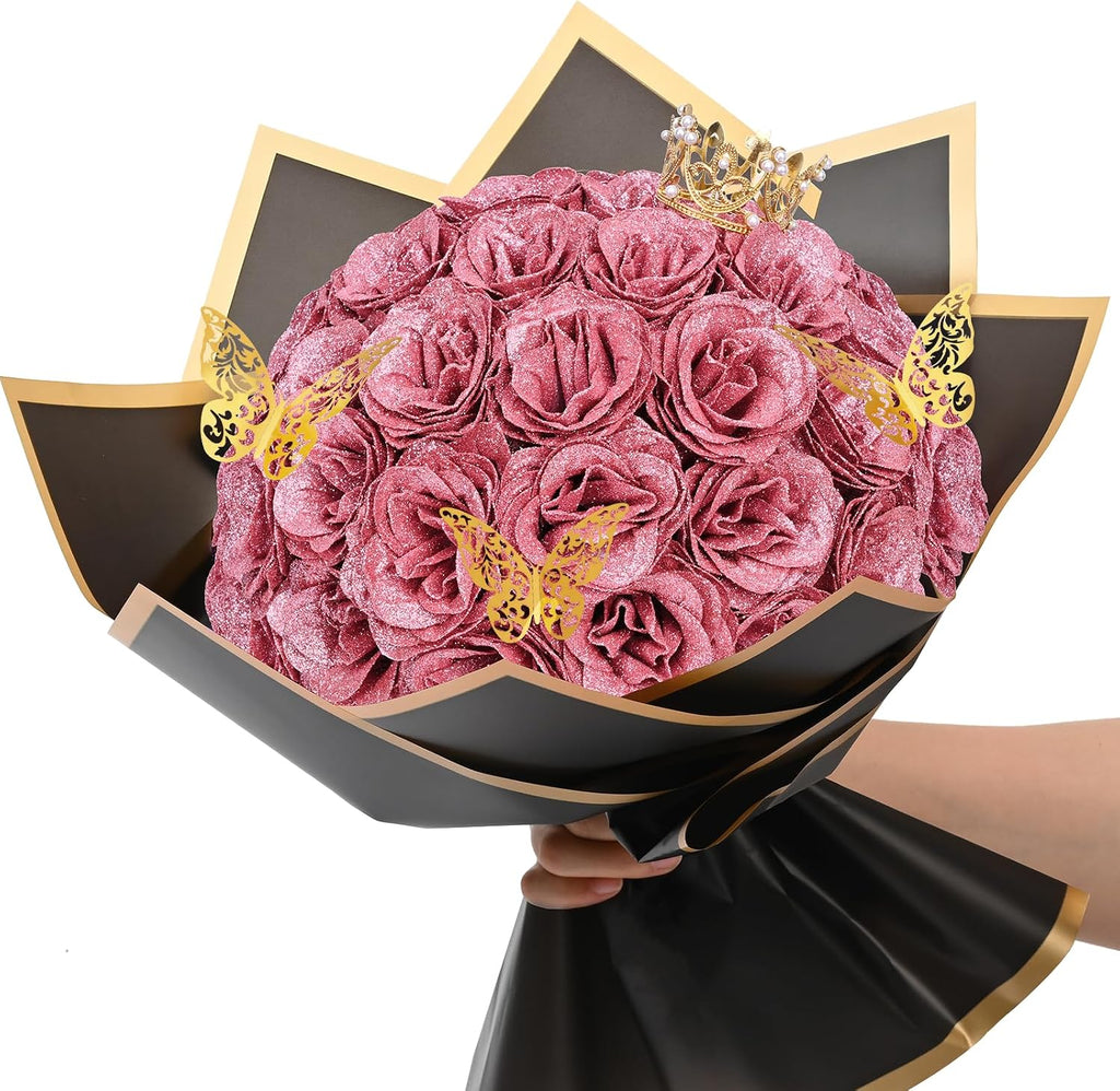 Ramo de rosas brillantes Waipfaru, ramo de flores artificiales para armar, regalos de cumpleaños para mujeres y mamás, 36 rosas color oro rosa para esposa, novia, San Valentín, Día de la Madre, aniversario, graduación.