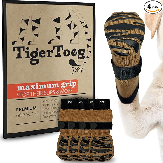 DOK TigerToes Calcetines antideslizantes de alta calidad para suelos de madera dura, agarre extra grueso que funciona incluso cuando se tuerce, evita lamer, resbalones e ideales para la protección de las patas del perro (caramelo fresco, mediano)