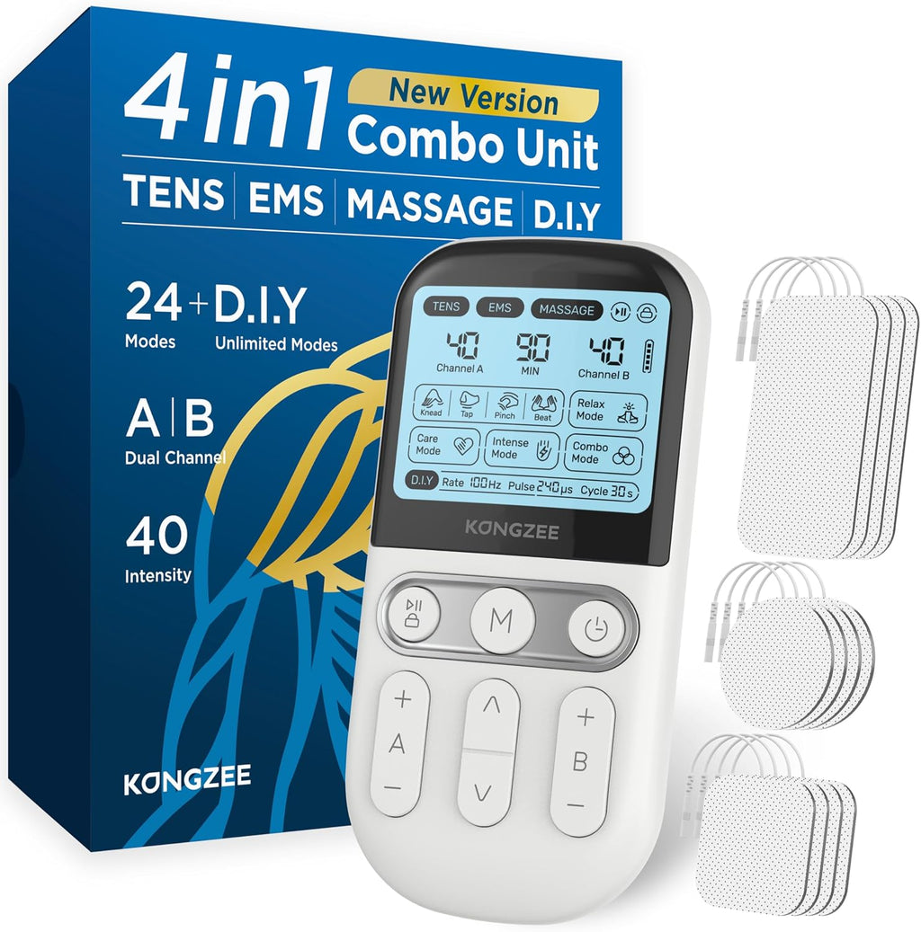4 en 1: unidad TENS, EMS y estimulador muscular de masaje para bricolaje, máquina de terapia TENS de doble canal para el alivio del dolor, masajeador electrónico de pulsos recargable aprobado por la FDA, con 12 almohadillas de electrodos.
