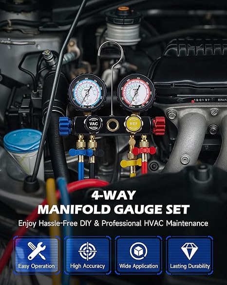 ⚠️ NOTA: LE HACE FALTA MANGUERA NEGRA, UNA VÁLVULA REFRIGERANTE Y CAJITA CON ACCESORIOS – Orion Motor Tech Kit de Manómetros de Diagnóstico AC de 4 Vías R134A, R410A y R22