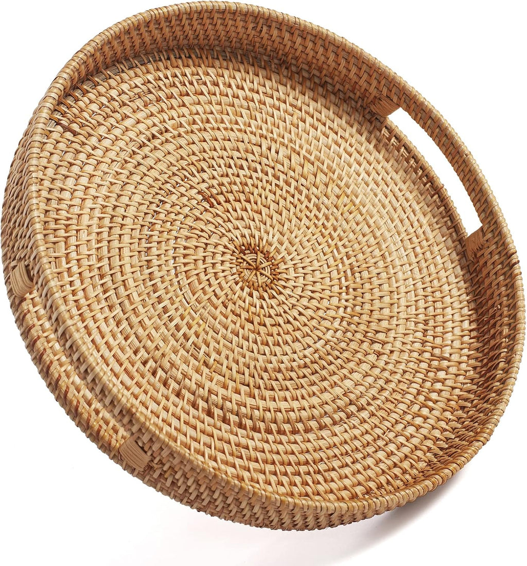 Bandeja Redonda de Ratan para Servir, Decorativa Tejida con Asas, para Mesa de Centro y Otomana, Natural, Pequena 11.8 x 2 Pulgadas