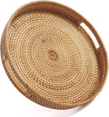 Bandeja Redonda de Ratan para Servir, Decorativa Tejida con Asas, para Mesa de Centro y Otomana, Natural, Pequena 11.8 x 2 Pulgadas