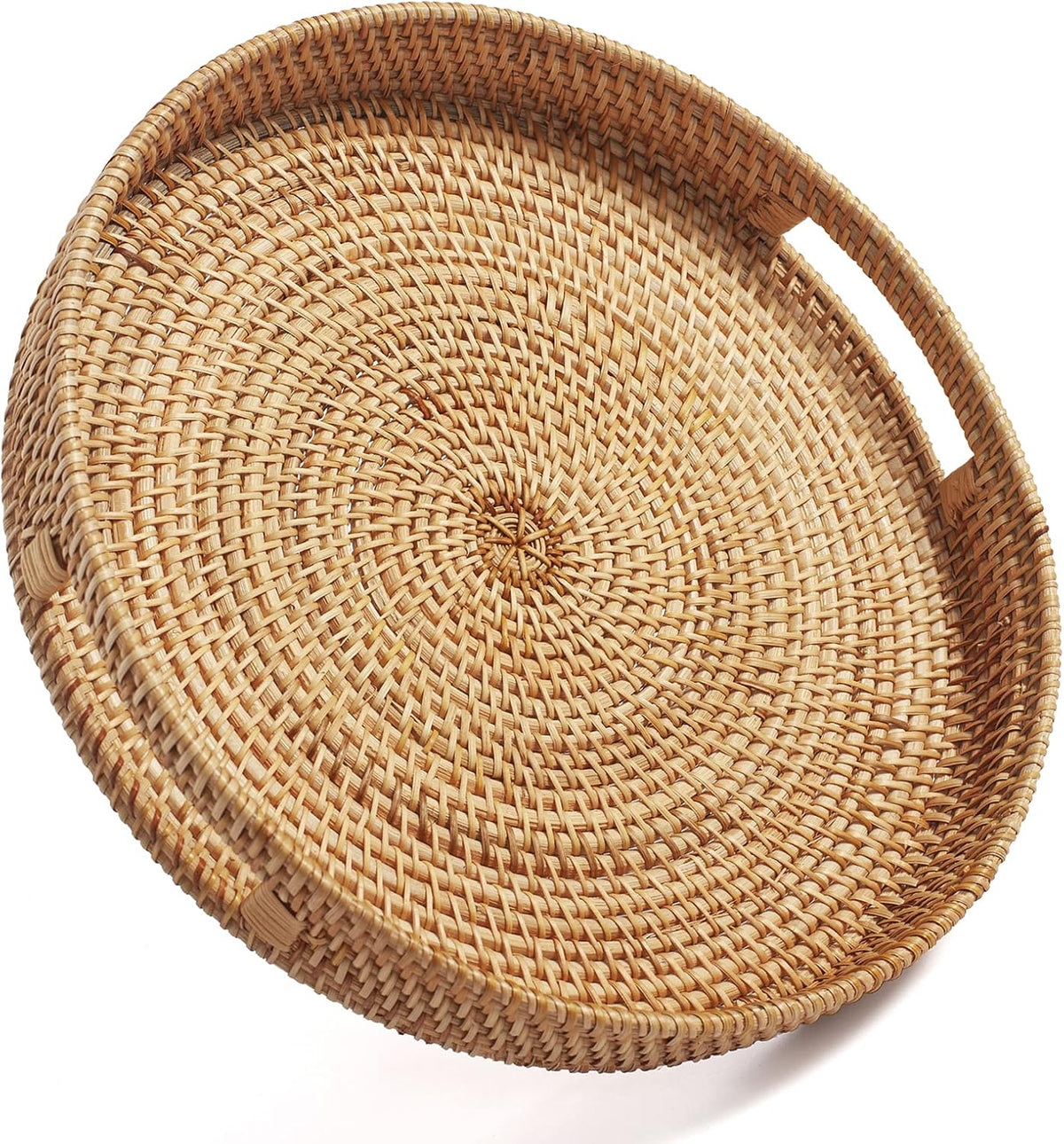 Bandeja Redonda de Ratan para Servir, Decorativa Tejida con Asas, para Mesa de Centro y Otomana, Natural, Pequena 11.8 x 2 Pulgadas