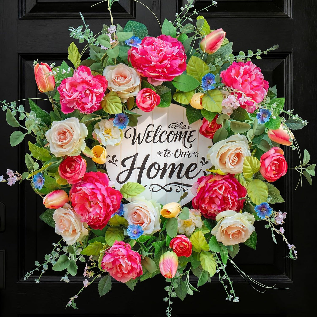 Corona de primavera para puerta principal de 60 cm, corona grande de primavera/verano con flores artificiales de peonía, tulipán y rosa, corona floral con letrero de bienvenida de madera para decoración de interiores y exteriores.