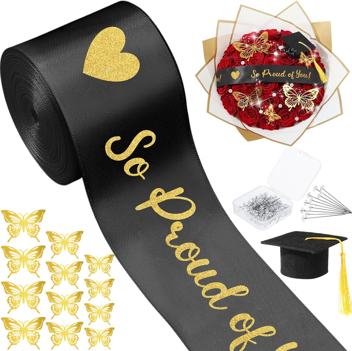 Kit Ramo de Graduación DIY Zeyune 2026 – 114 Piezas, Cinta Negra Dorada, Mini Gorro con Borla, Mariposa y Alfiler de Diamante