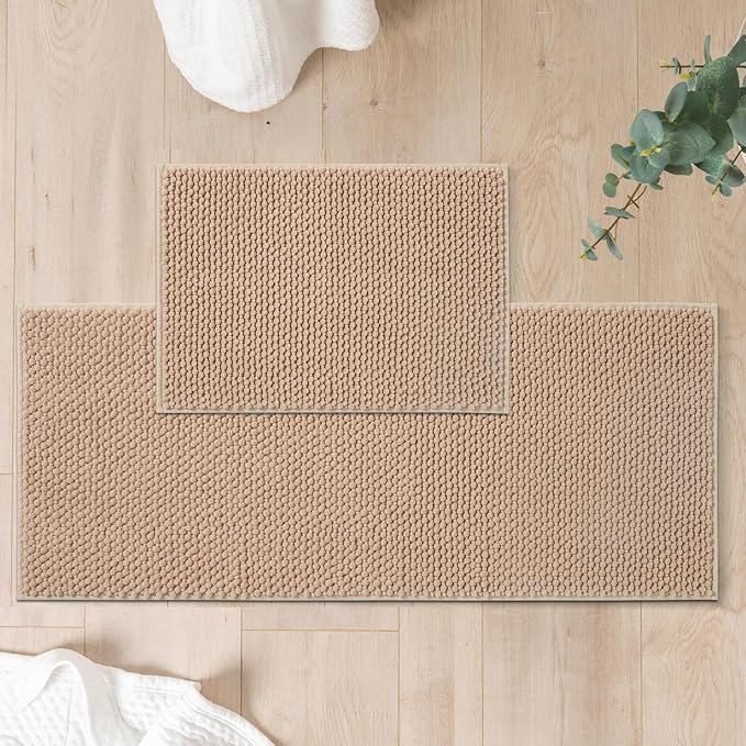 FRESHMINT - Juego de 2 alfombras de baño de chenilla, beige, 17 x 24 pulgadas + 20 x 47 pulgadas