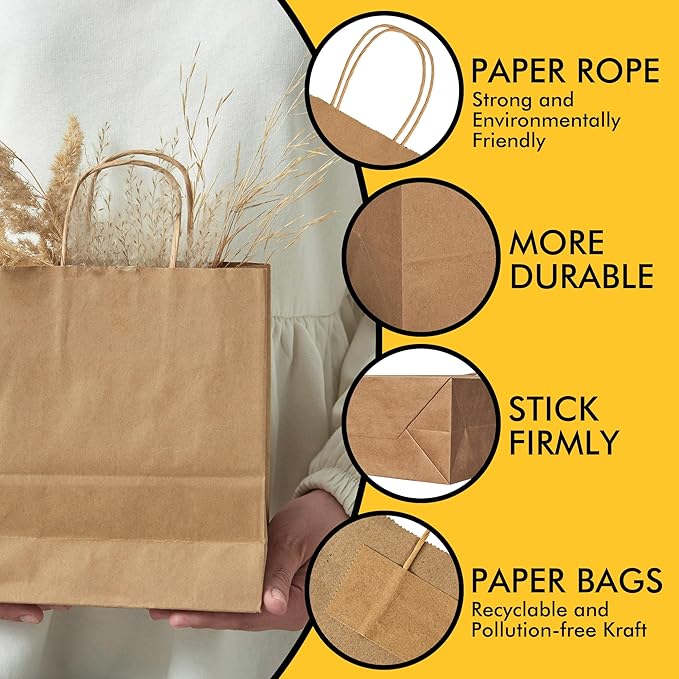 RACETOP 50 bolsas de regalo marrones de 8 x 4.5 x 10.8 pulgadas con asas, bolsas de regalo de papel, bolsas de papel Kraft, bolsas de regalo a granel, bolsas de regalo para manualidades