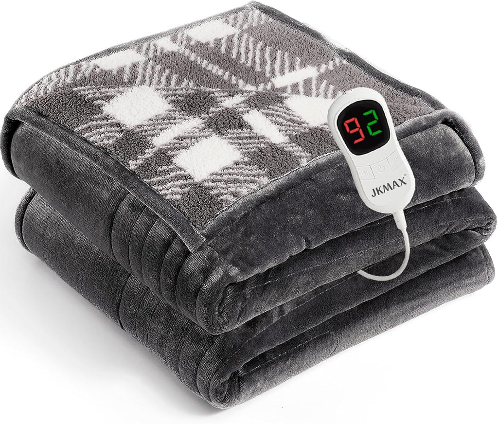 Cobija Electrica JKMAX Flannel y Sherpa 183x213 cm - 10 Niveles de Calor, 5 Temporizadores, Certificacion ETL, Gris