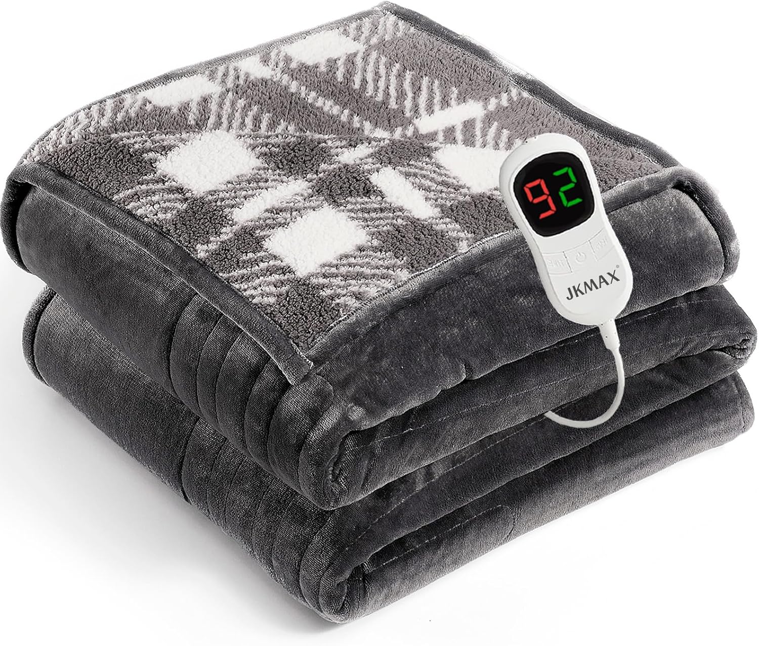 Cobija Electrica JKMAX Flannel y Sherpa 183x213 cm - 10 Niveles de Calor, 5 Temporizadores, Certificacion ETL, Gris