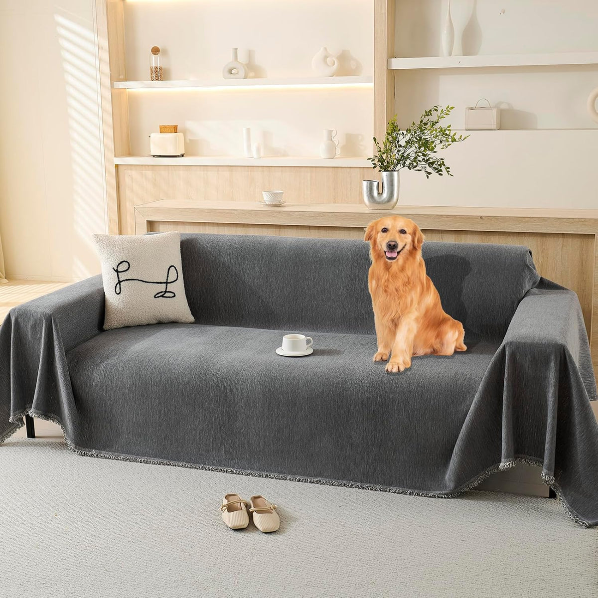 Funda de sofá TieyaChkis 100% impermeable para mascotas, lavable, para sofá de 3-4 cojines, funda protectora para sofá para perros, protector de muebles apto para mascotas para sala de estar con borla (71" x 118", gris)