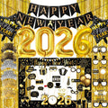 Happy New Years Decorations 2026, New Year Eve Party Supplies Kit Included Foil Curtains Banner Photo Frame Headband Glasses NYE New Year Party Glasses Foil Ballons Party Favor Decor