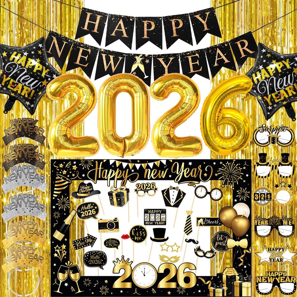 Happy New Years Decorations 2026, New Year Eve Party Supplies Kit Included Foil Curtains Banner Photo Frame Headband Glasses NYE New Year Party Glasses Foil Ballons Party Favor Decor
