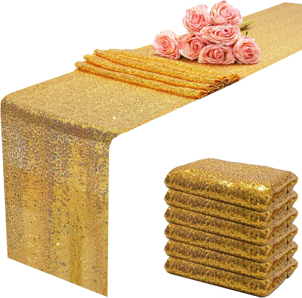 Camino de mesa Aorokugatsu de 30 x 274 cm con lentejuelas doradas, mantelería brillante con purpurina, paquete de 6 unidades para decoración de fiestas, bodas, cumpleaños, baby showers, compromisos y aniversarios.