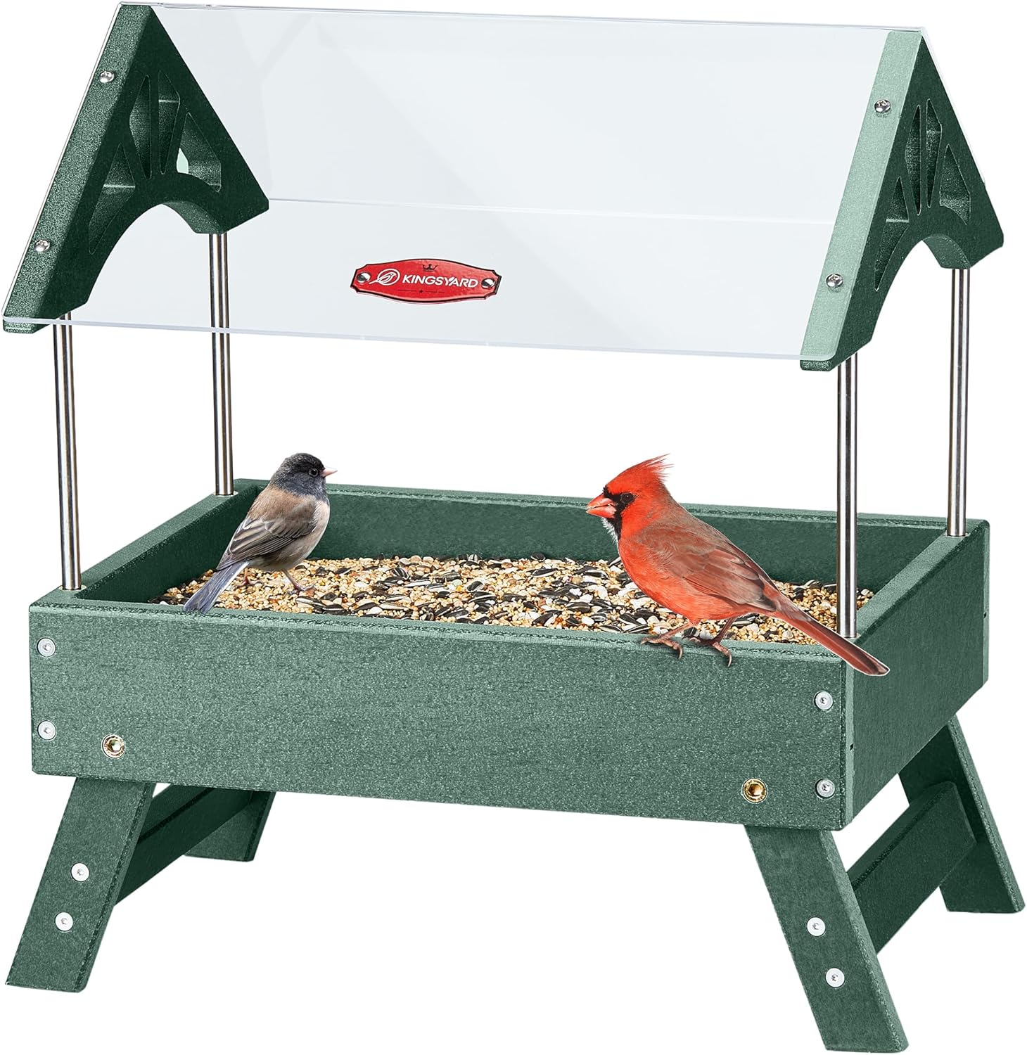 Kingsyard Ground Bird Feeder for Outdoors - Recycled Plastic Platform Feeder for Wild Birds, Rainproof Squirrel Feeders, 5 LBS Large Capacity, Green
