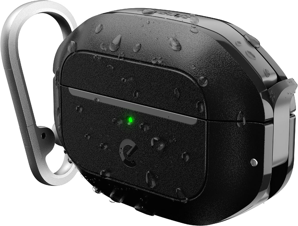 Funda Keybudz para AirPods Pro 2 con cierre - Funda impermeable para AirPods Pro de 2.ª generación - Llavero, protección resistente, carcasa rígida y mosquetón para USB-C/Lightning (Negro carbón)