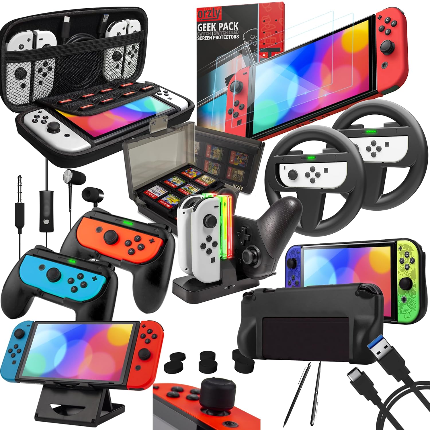 Orzly Nintendo Switch & Switch OLED Accessory Bundle Kit - Case, Screen Protectors, Joy-Con Grips, Racing Wheels, Charge Station, Playstand & More - Jet Black - 1-Year Warranty