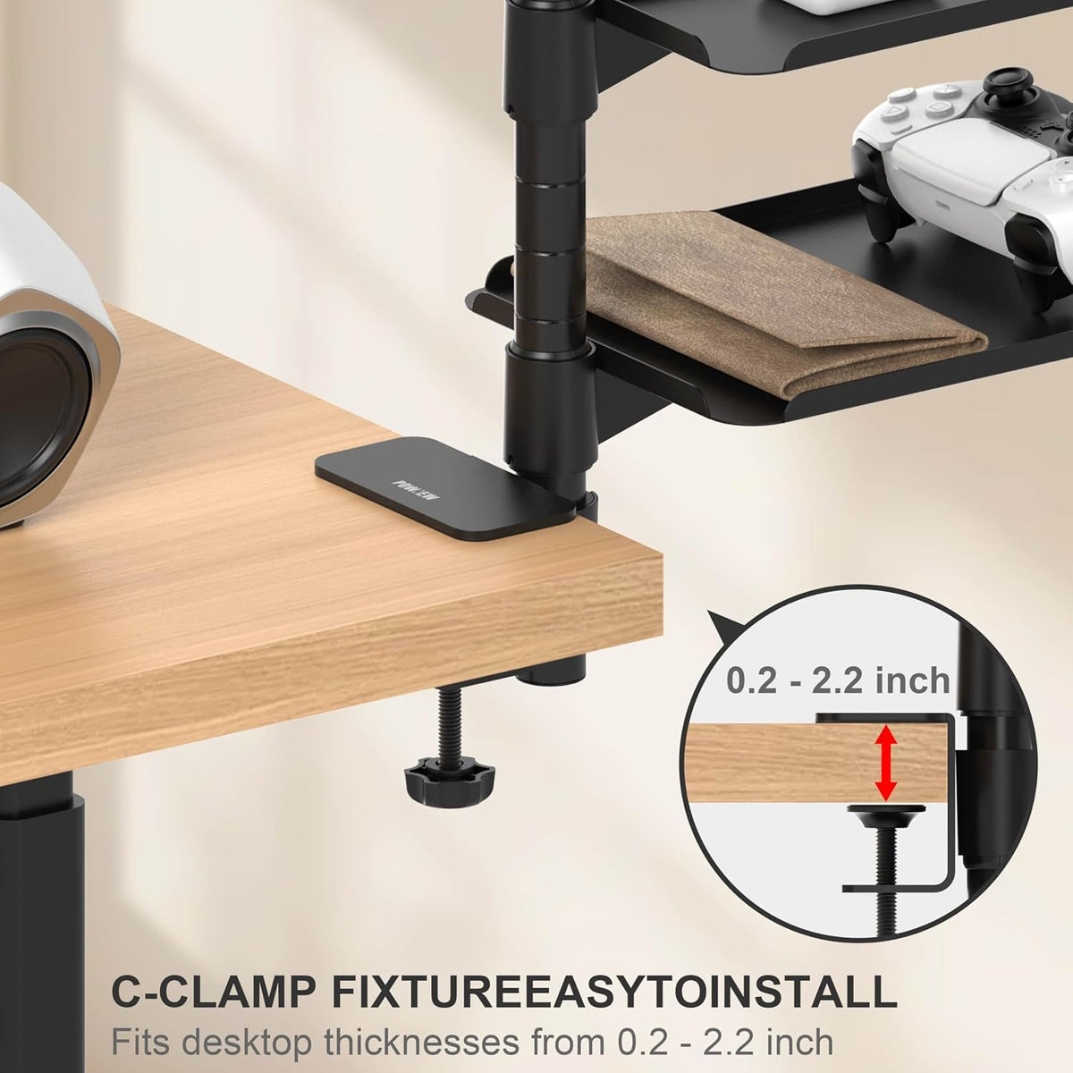 Estantería metálica de 3 niveles con abrazadera para escritorio - Almacenamiento giratorio de 360° encima/debajo de la mesa, organizador de escritorio ajustable para oficina en casa y juegos, bandeja de almacenamiento para dispositivos y accesorios.
