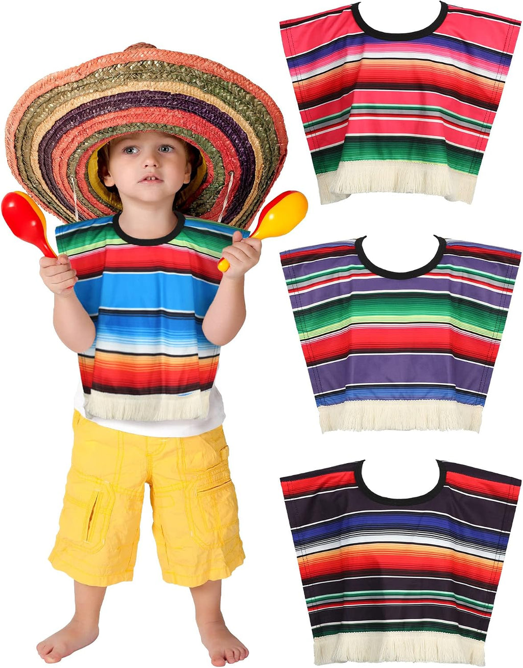 Funtery 4 piezas de poncho serape mexicano para niños y bebés, disfraz de poncho mexicano para el Cinco de Mayo, atuendo con temática de fiesta.