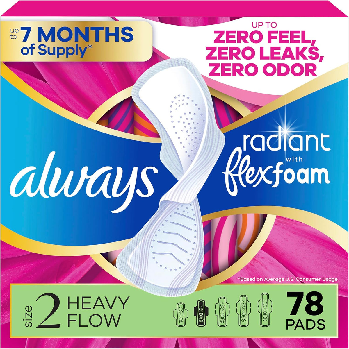 Always Radiant Toallas Femeninas con Alas Flexfoam | Talla 2 Absorcion Alta Ligeramente Perfumadas 78 Unidades (3 Paquetes de 26)