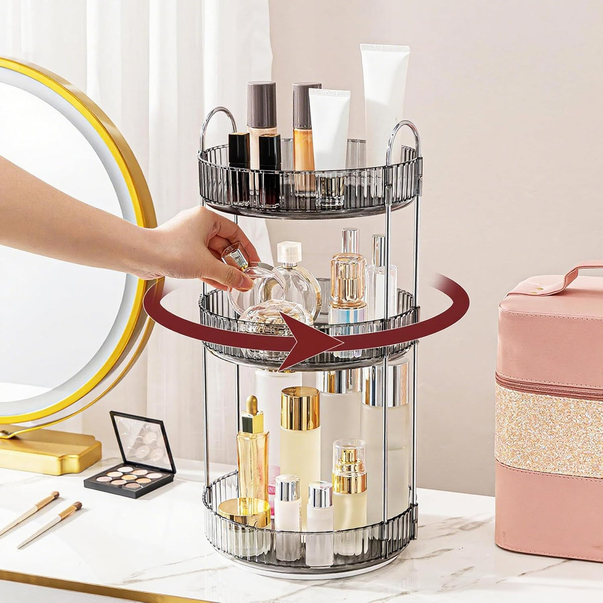 Organizador de maquillaje giratorio de 360° INVSSENE, estante giratorio para maquillaje de baño, estante de tocador de gran capacidad para cosméticos, ideal para cosméticos, perfumes, productos para el cuidado de la piel y labiales (3 niveles, gris).