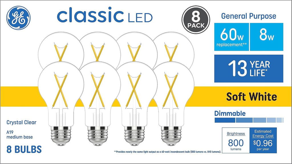 GE Bombillo LED 60W Equivalente A19 | Cristal Clasico Transparente, Luz Blanca Suave, Base Media E26, Regulable, Pack de 8