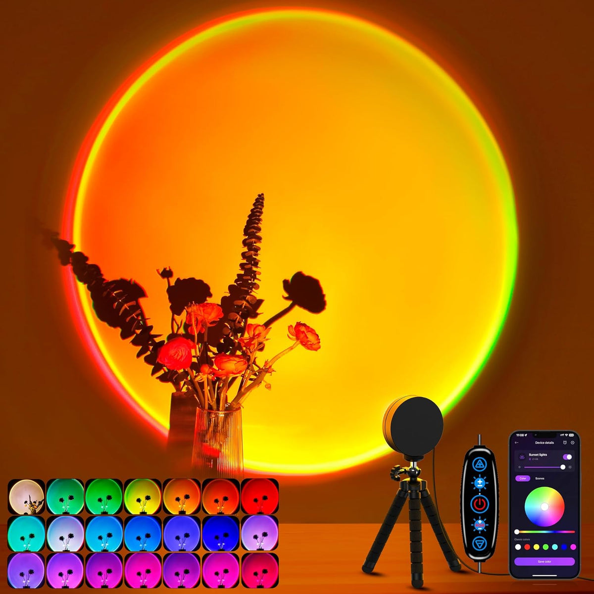 Lámpara proyector XEBKOR Sunset, lámpara de proyección LED multicolor con cambio de color, botón de encendido/apagado y control por aplicación, rotación de 360 grados, lámpara de luz solar para dormitorio, fotografía, fiestas